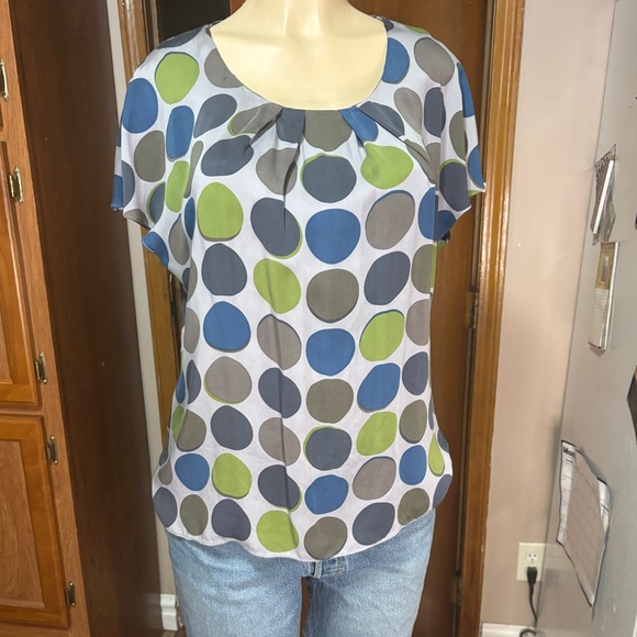 Biden size 10 gray slate blue green polka dots office career fun silk blouse - Picture 1 of 6